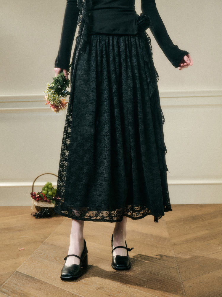 Lace Floral Asymmetrical Off-Shoulder Top & Skirt Set