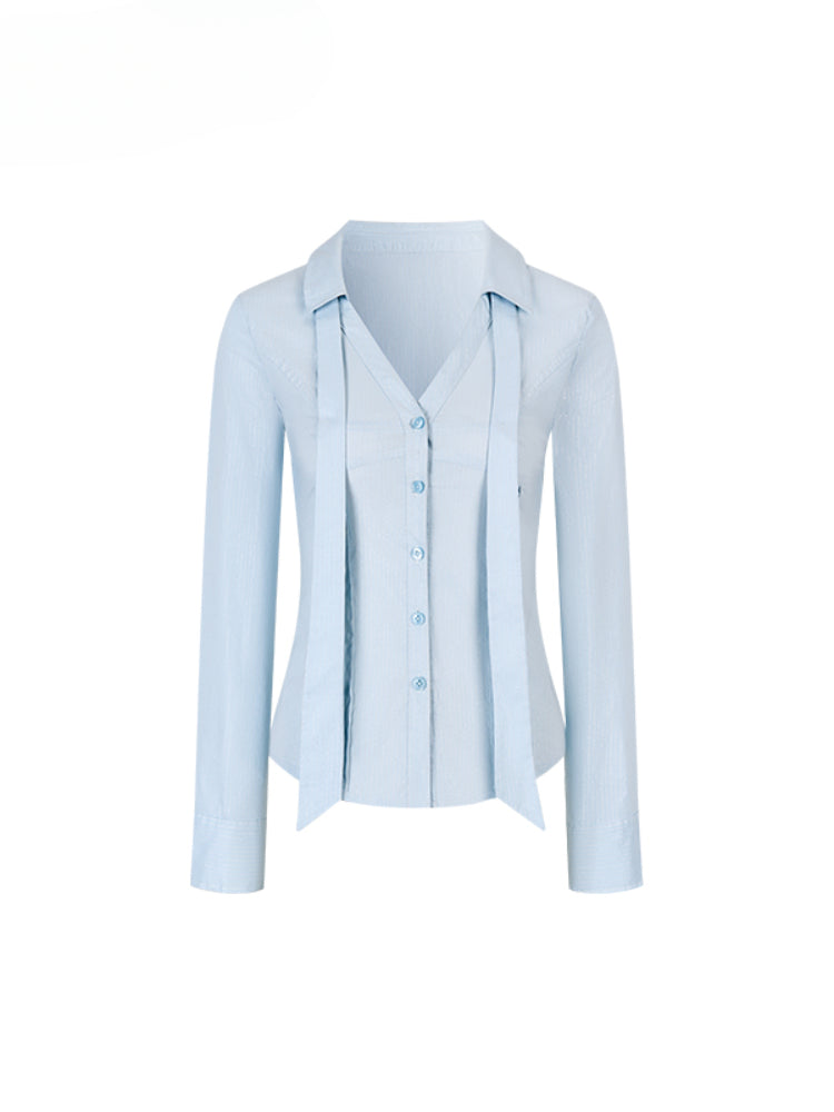 Contrast-colored Collared Waist-cinched Shirt