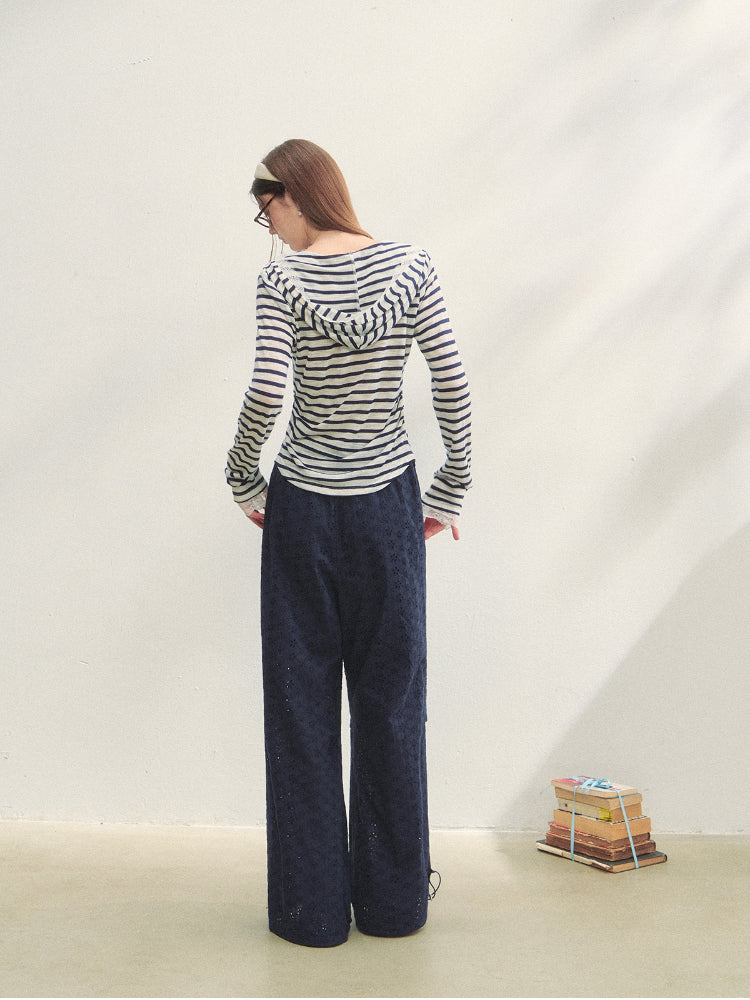 Striped Color-block Lace Spliced T-Shirt