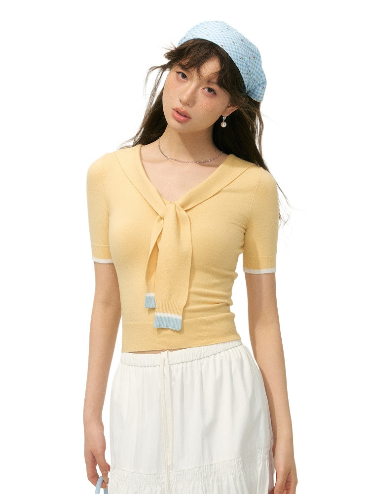 Preppy Style Collared Tie Knit Top