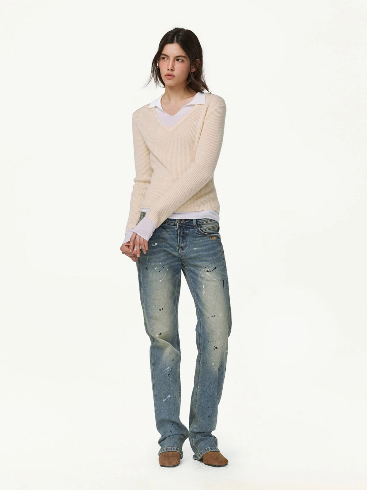 Contrast Layered V-Neck Wool Sweater