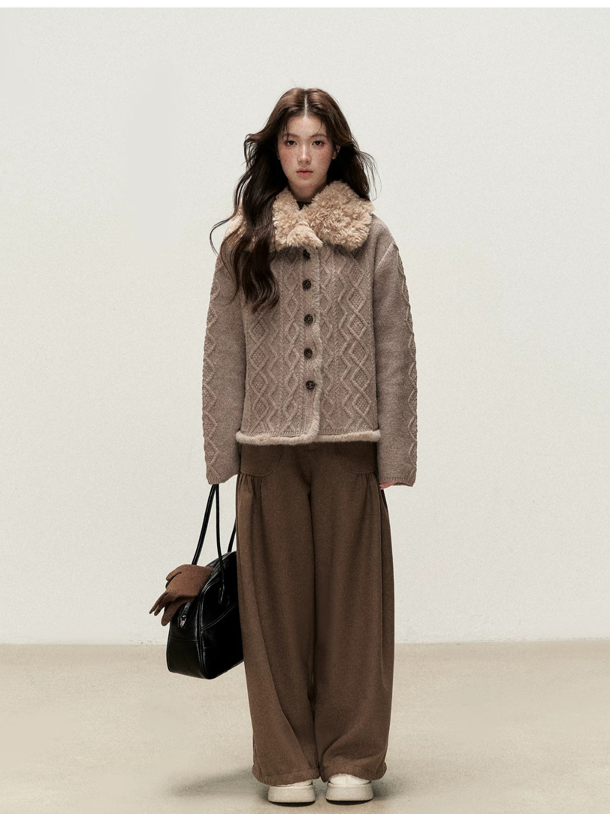 Vintage Brown Pleated Straight-Leg Pants