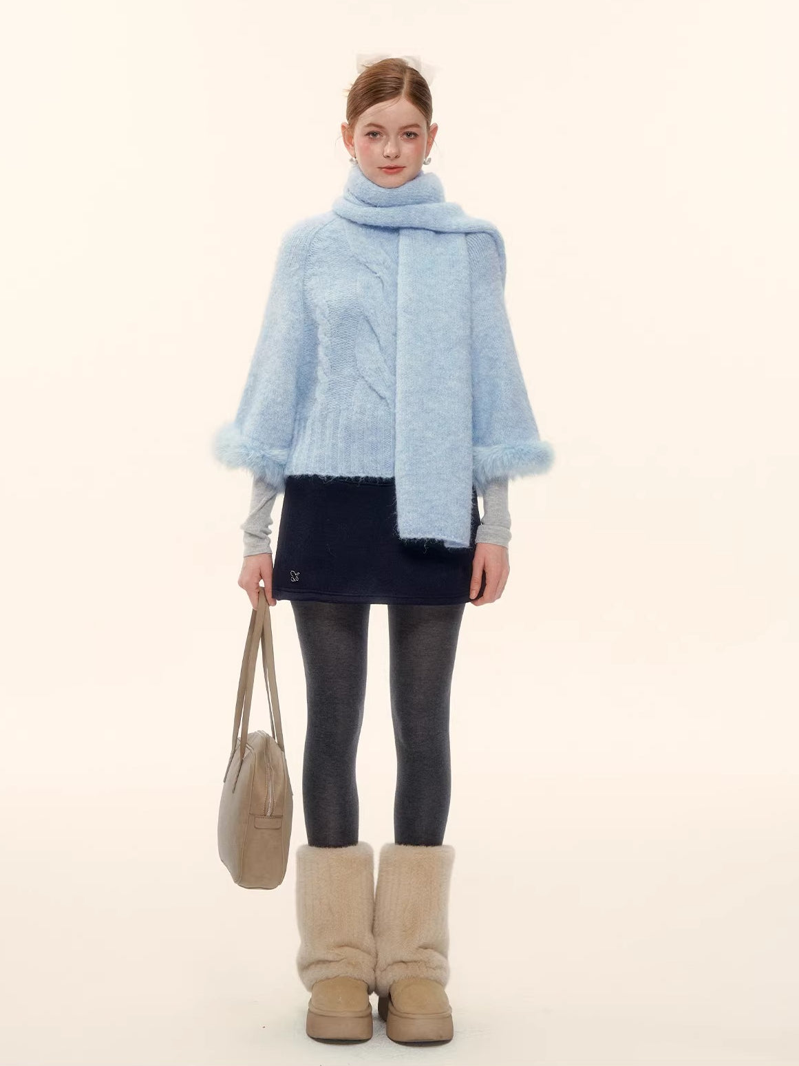 Wool-Blend Cable Knit Batwing Sweater Scarf Set