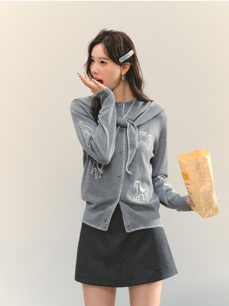 Puppy Embroidered Trim Hooded Knit Sweater