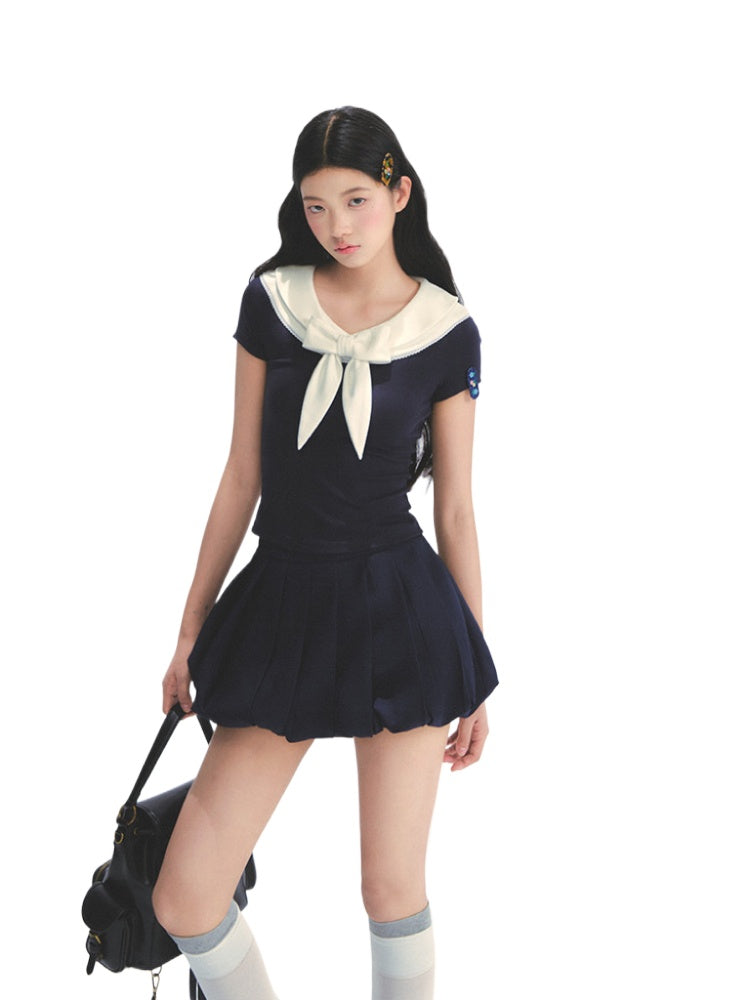 Bow-neck Contrast-color Skin Friendly Cotton T-shirt