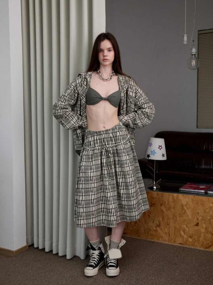 Plaid Hooded Shirt & Skirt & Pants Set