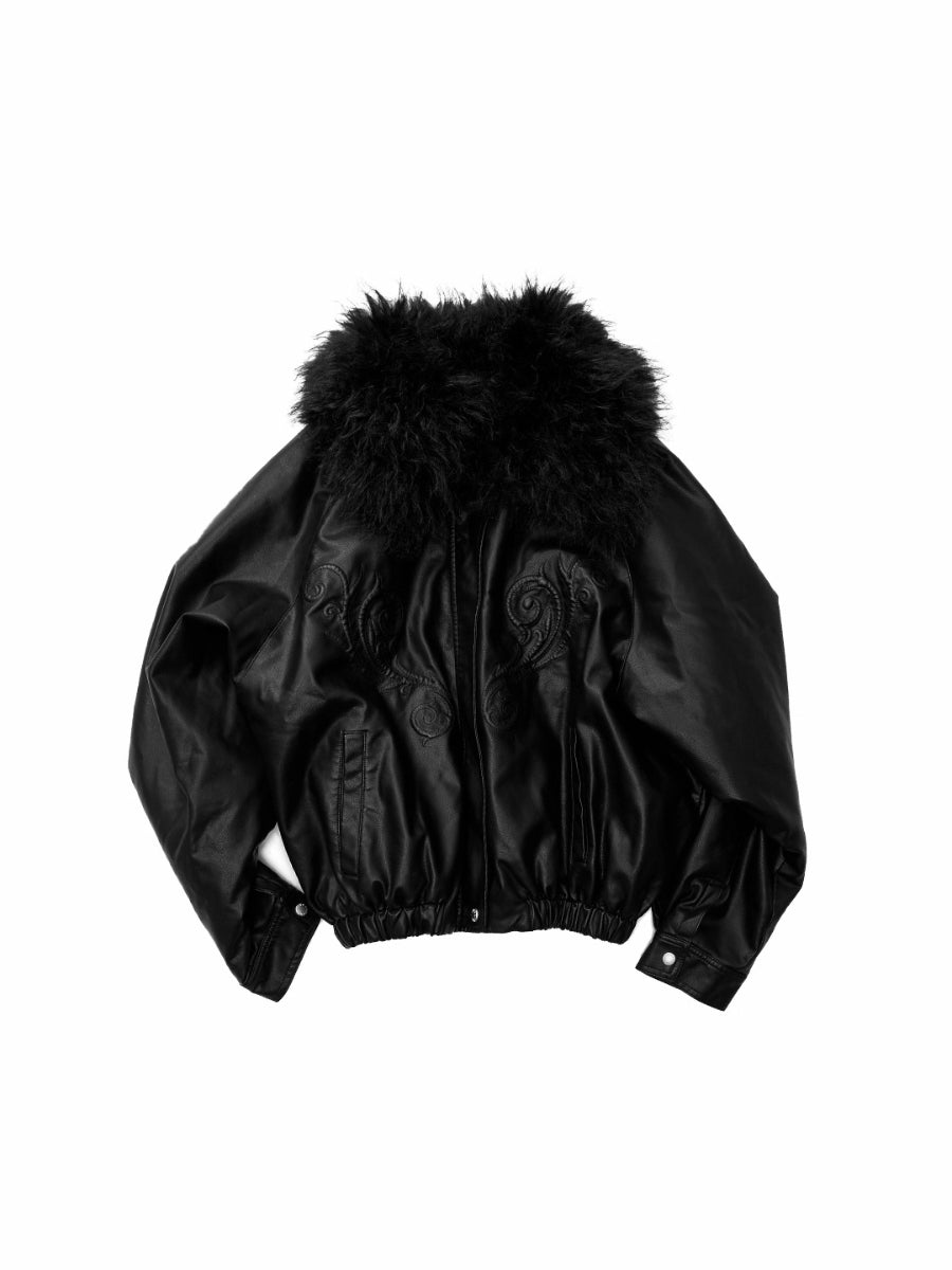Embroidered Faux Fur Collar Leather Jacket