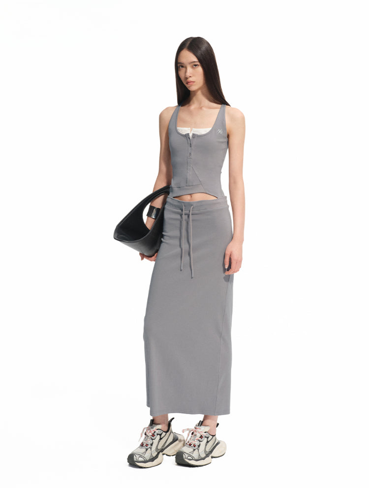 Contrast Color Fake Two-piece Waist Hollow Dress
