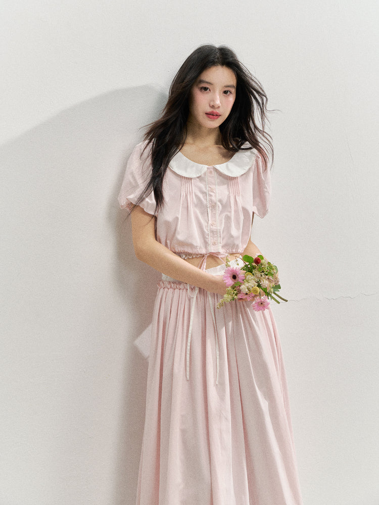 Pink Doll‑Collar Drawstring‑Hem Blouse & Flared Midi Skirt