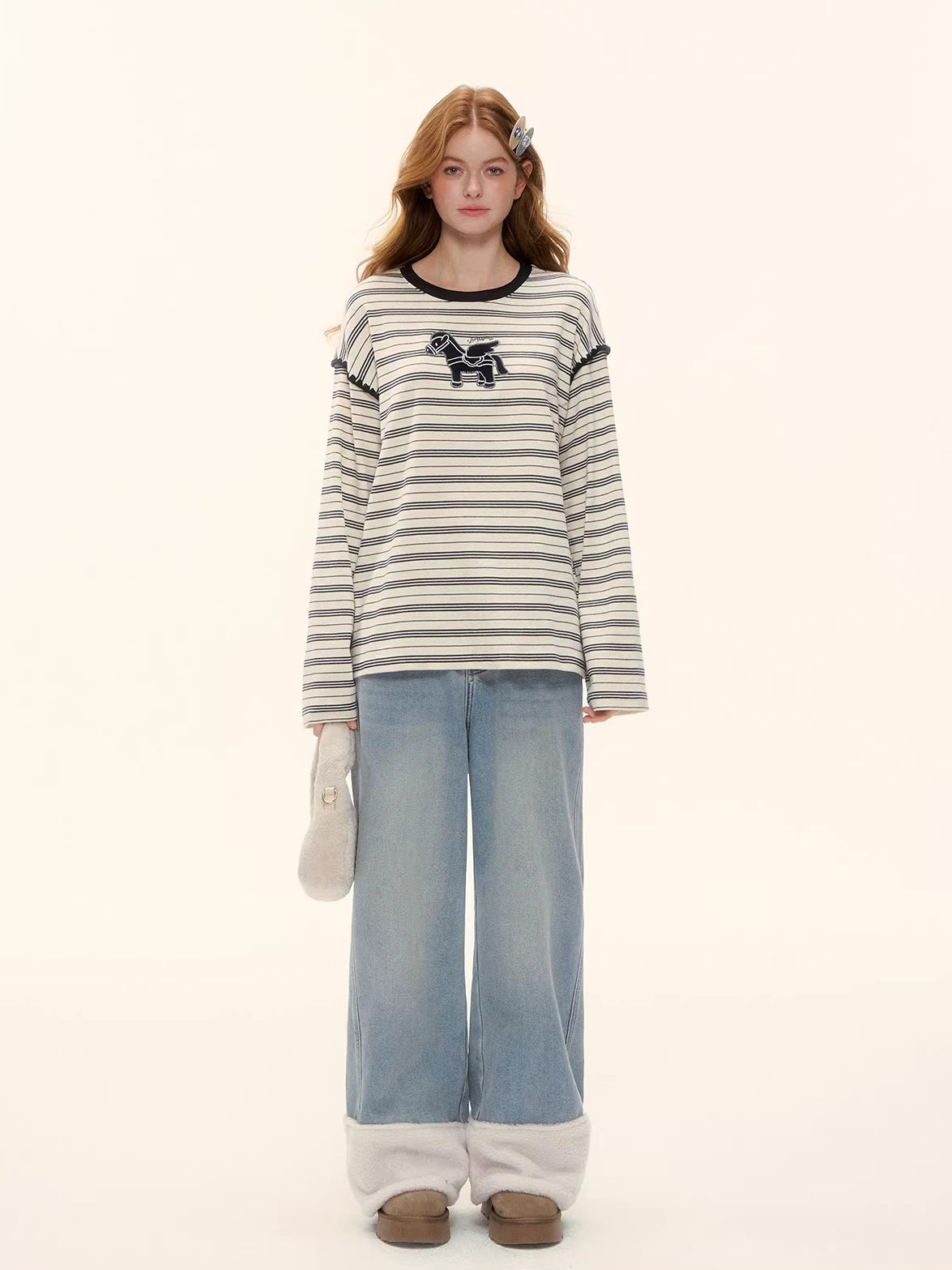 Blue Shearling-Trim Straight-Leg Denim Pants