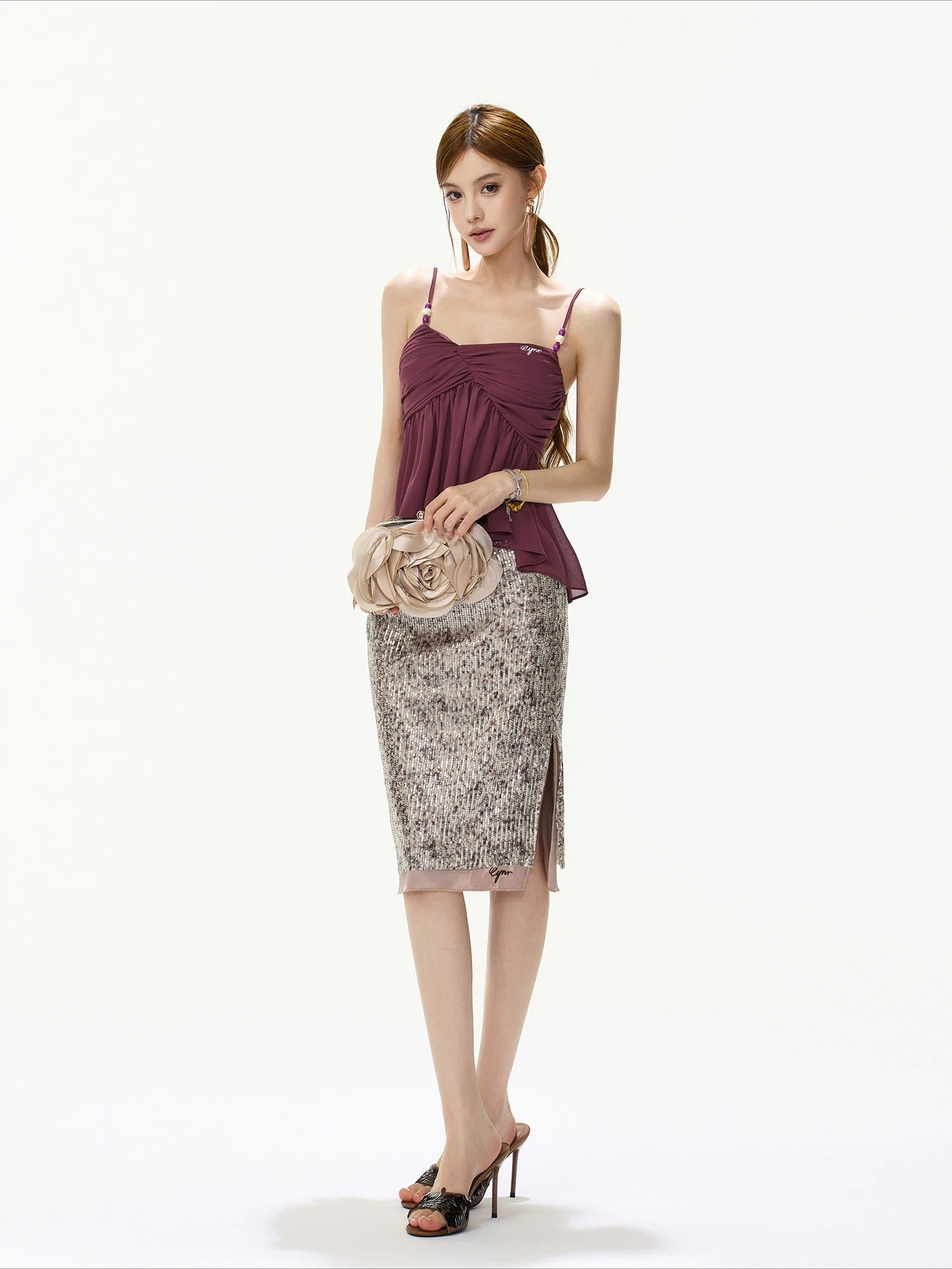Sequin Slit Midi Skirt