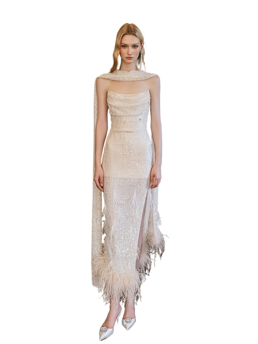 Diamond Sequin Ostrich Feather Strapless Dress