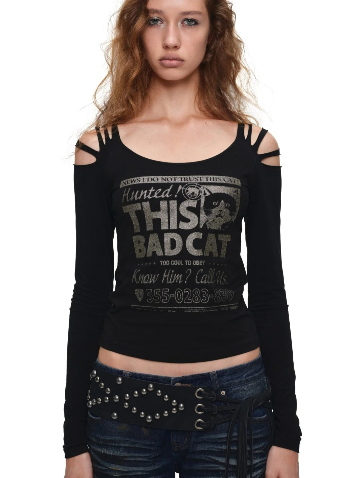 Cat Foil Print Cutout Top