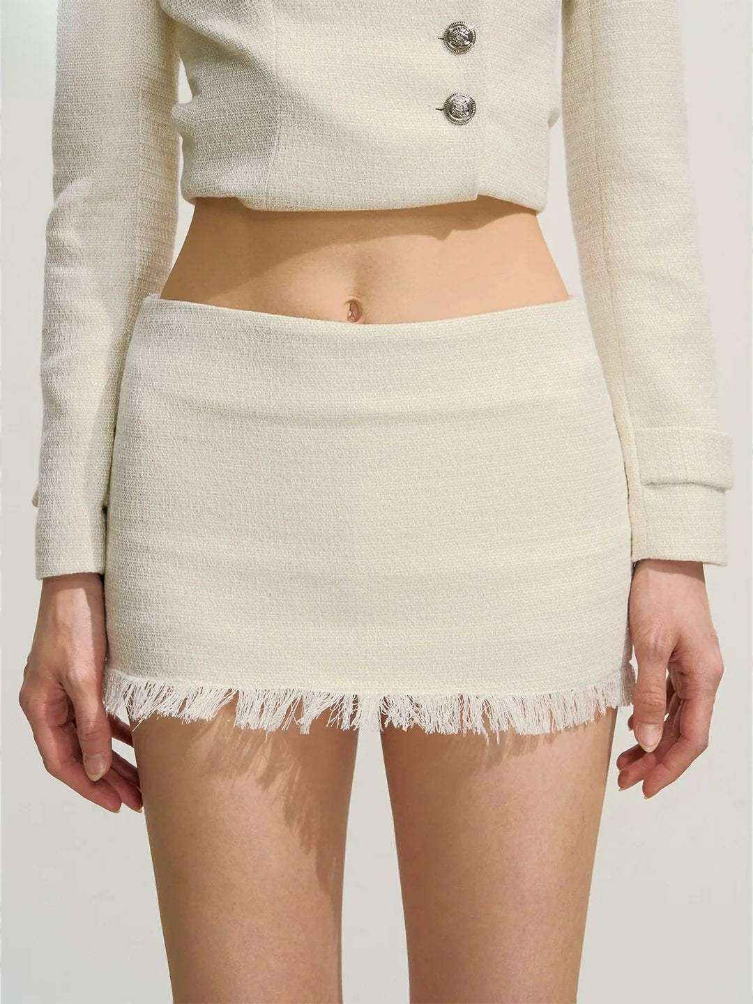 Shimmery Tweed Waist Jacket & Fringe Hem Skirt Set