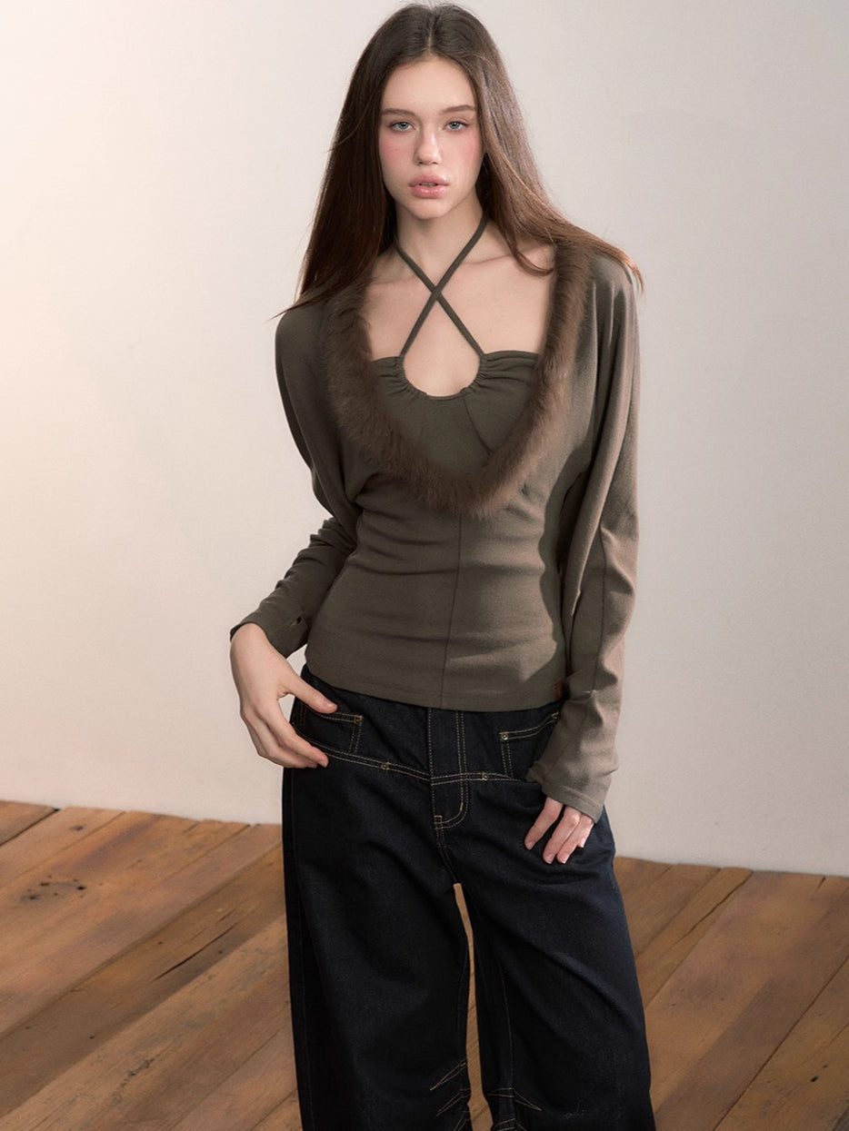 Fox-Trim Halter Knit Top