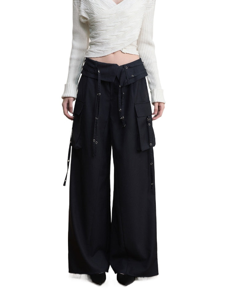 Folded Waist Three-Dimensional Pocket Casual Pants