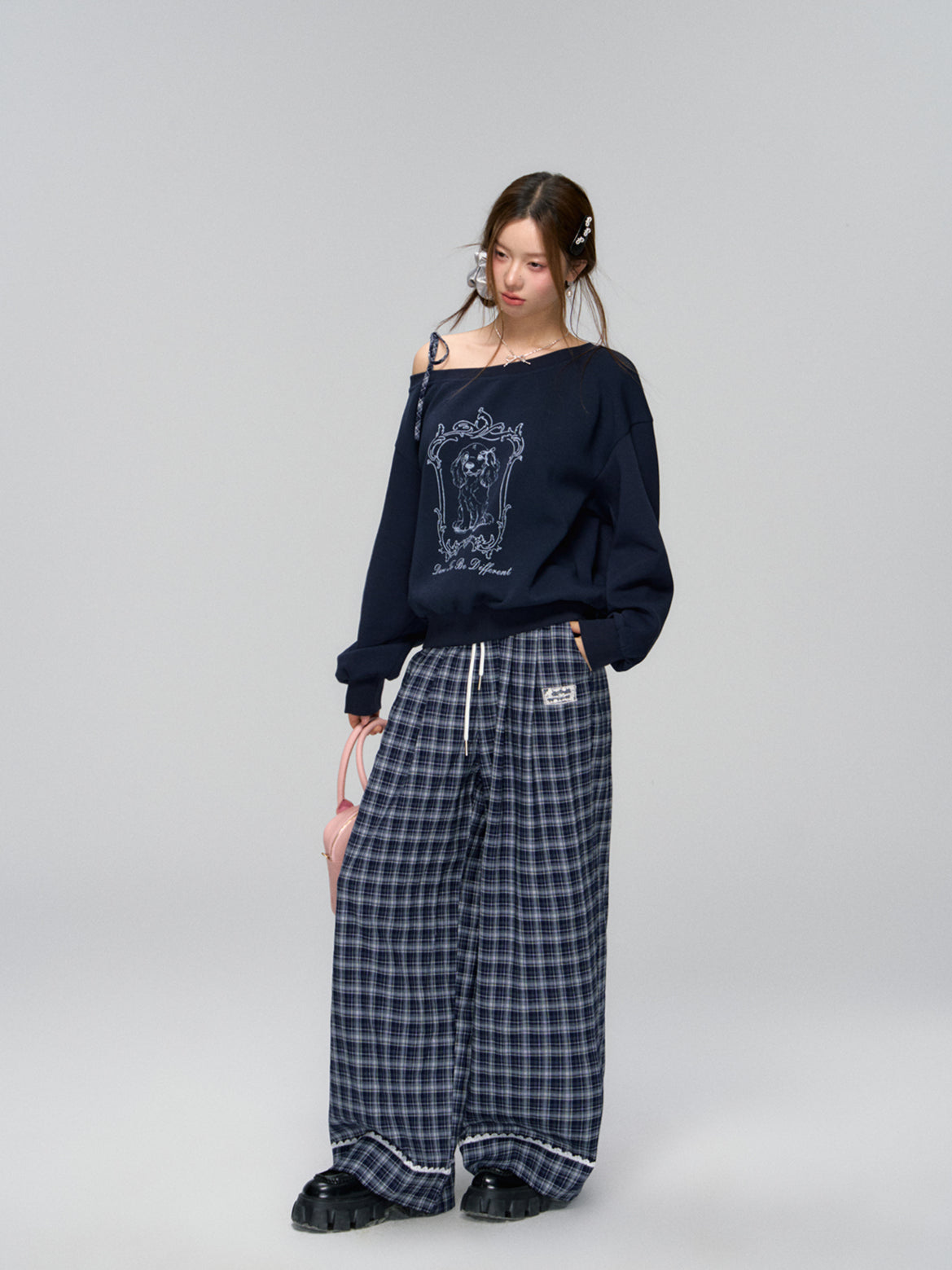 Navy Lace-Trim Plaid Pants
