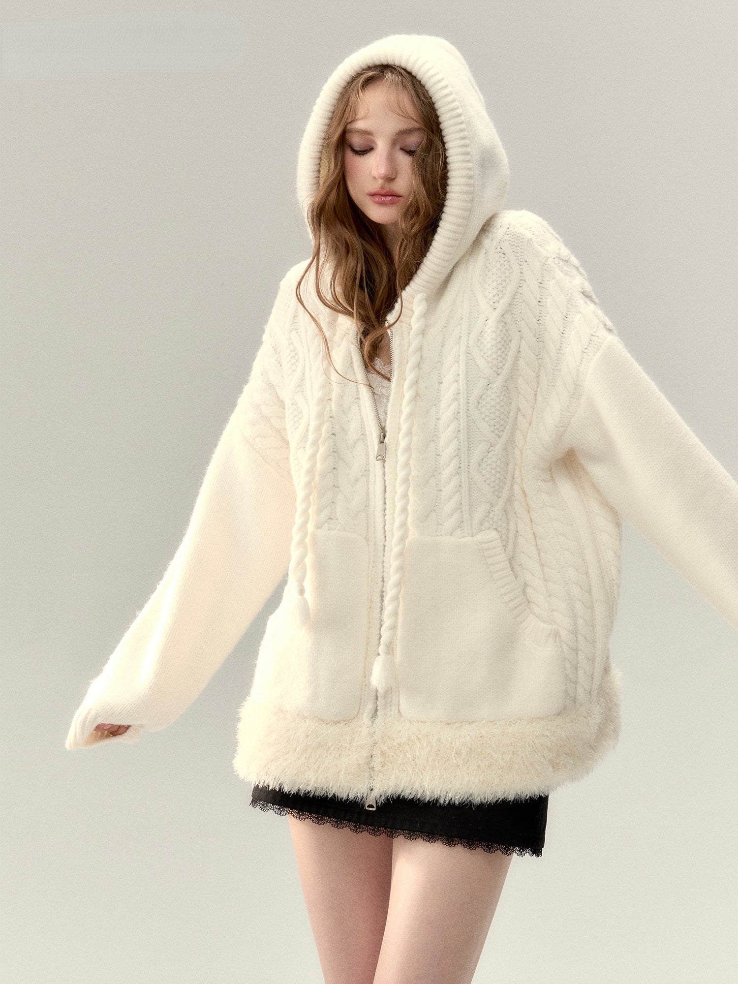 Off-white & Khaki Twisted Knit Hooded Sweater