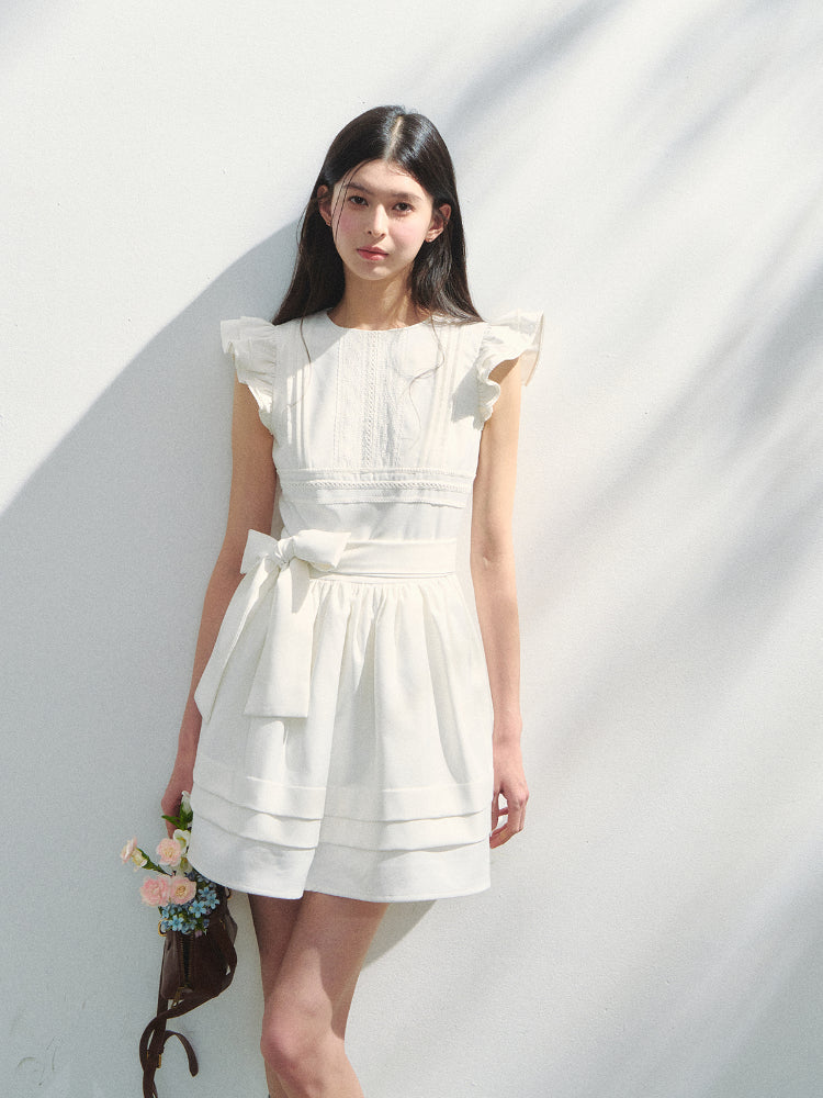 Flutter-Sleeve Bow-tied Tea-break Dress
