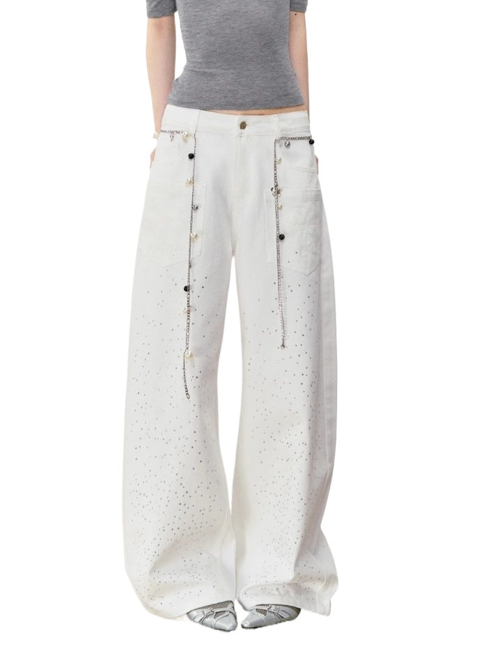 3D Rhinestone Wide-leg Denim Pants