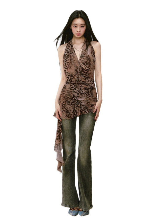 Halter Leopard Print Gathered-Waist Sleeveless Dress