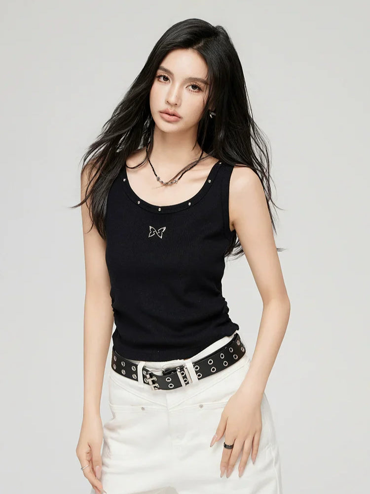 White & Black Butterfly Printed U-neck Tank Top