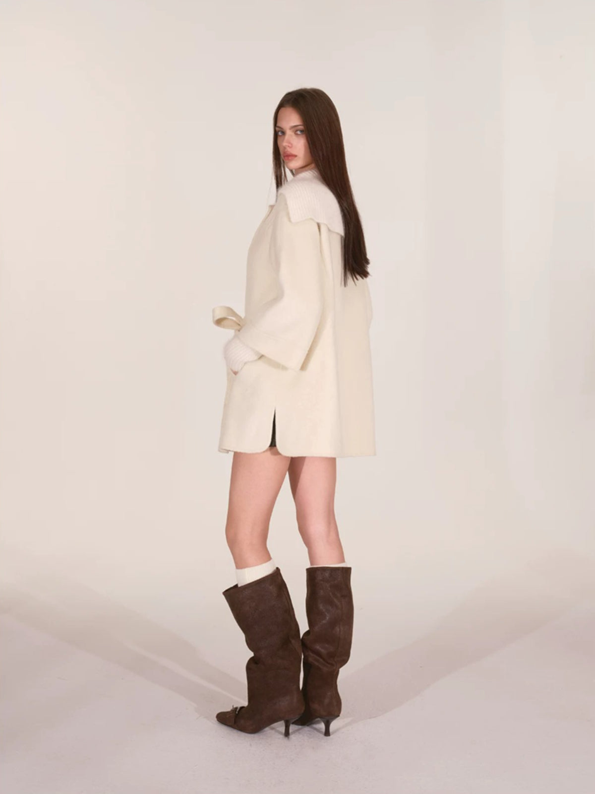 Asymmetric Collar Belted Wool Coat