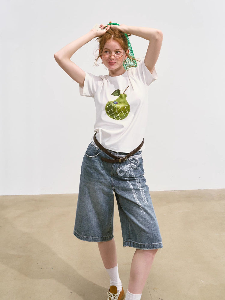 Imitation-Lace Printed High-Waist Denim Mid-Length Pants