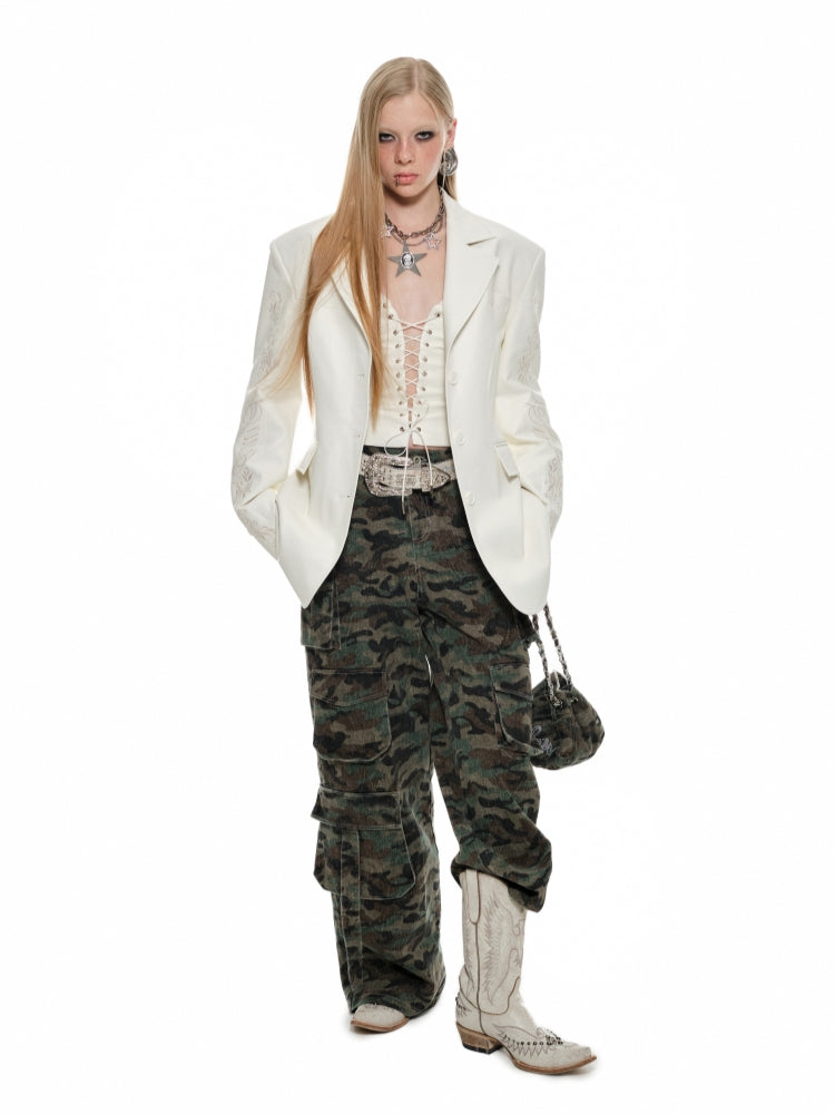 Black & White Floral Embroidered Leather Blazer