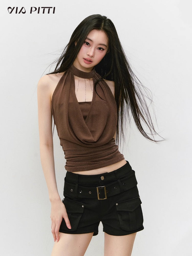Chain Swing-neck Halter Neckline-gathered Waist Tank Top