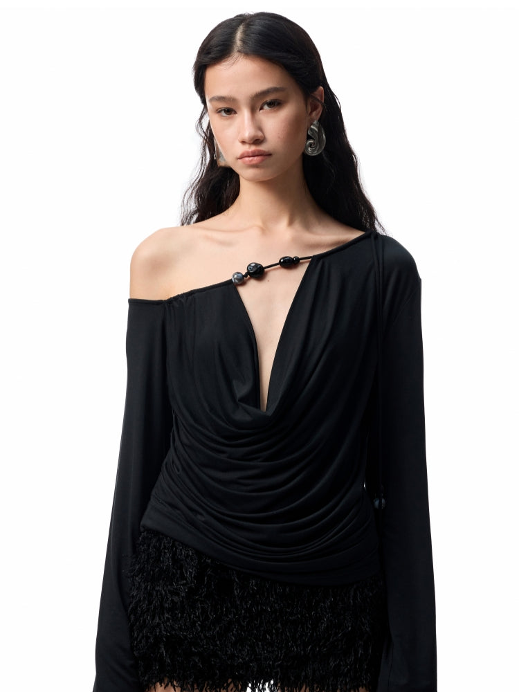 Beaded Cowl Neck Off-shoulder Long-sleeve Tunic