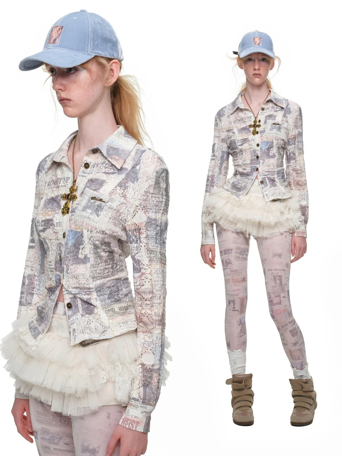 Cat Newspaper Print Lace Shirt