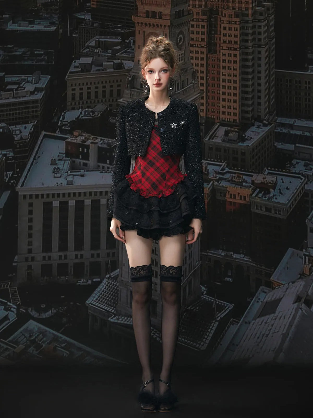 Red Plaid Lace Puff Dress Set