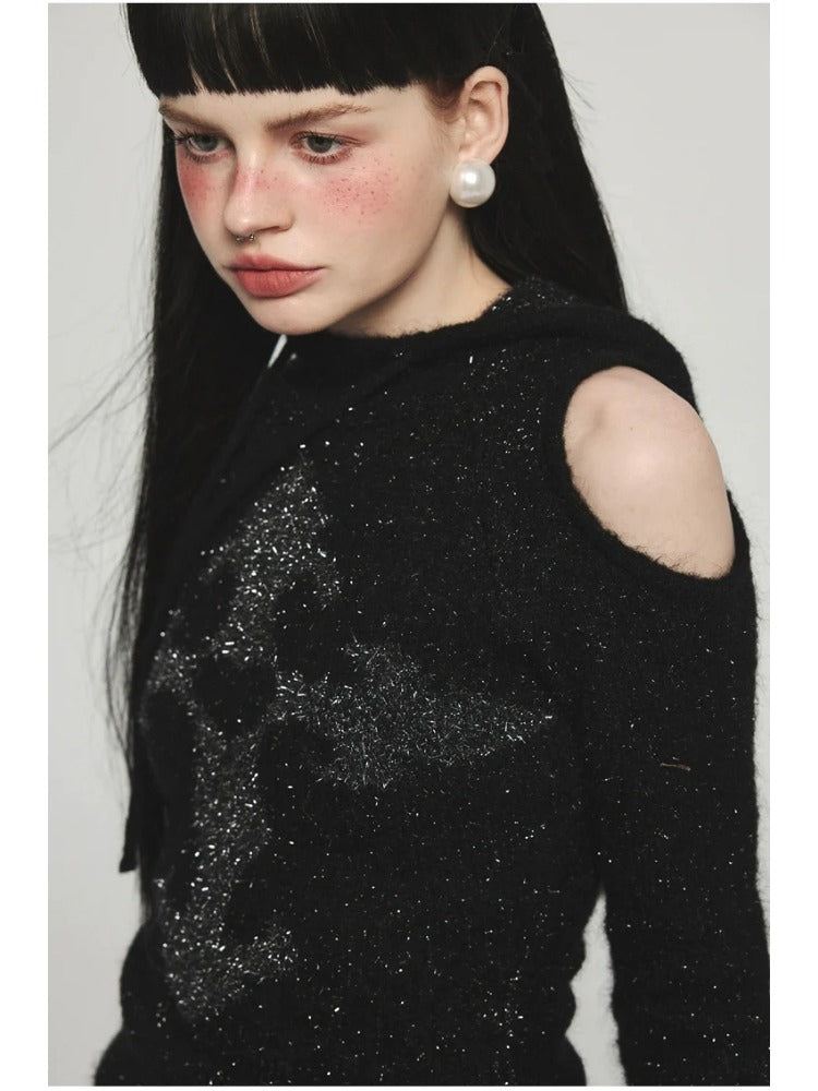 Mohair Off-Shoulder Knit Hoodie