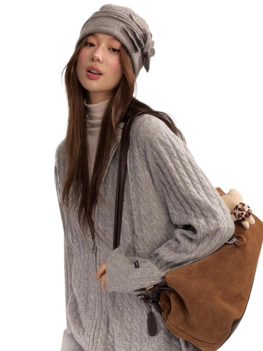 Wool Blend Hooded Knit Cardigan