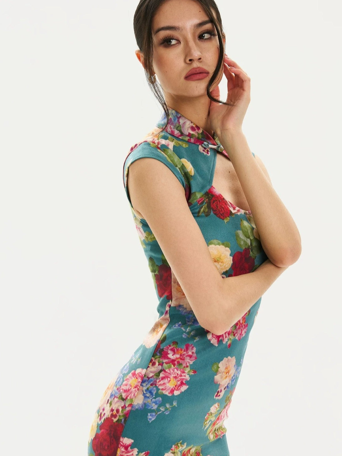 Floral Velvet Mandarin Collar Qipao Dress