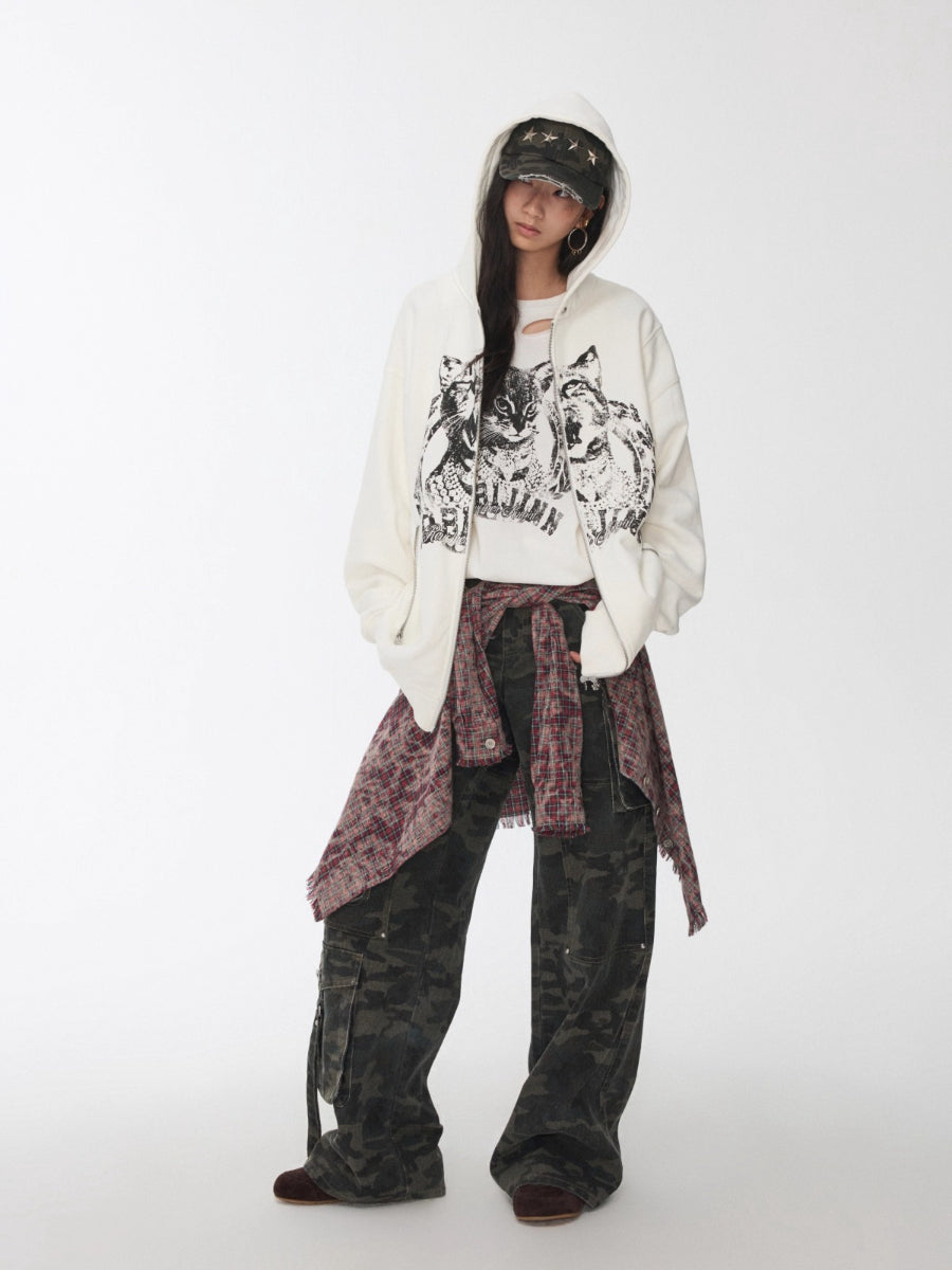 Cat Graphic Double-Zip Convertible Hoodie Jacket