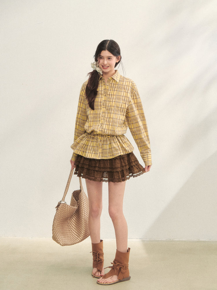 Ruffled Hem Waist-Cinching Checked Shirt