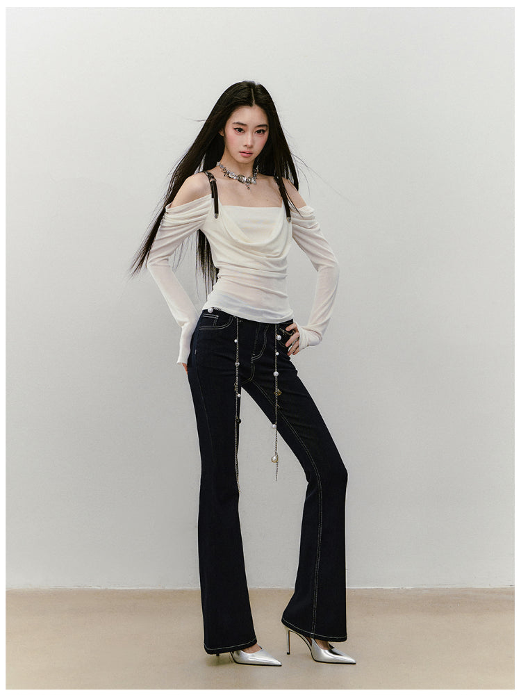 Draped Neck Leather Strap Acetate One-shoulder T-shirt