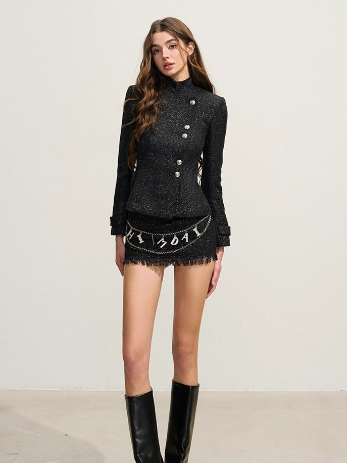 Shimmery Tweed Waist Jacket & Fringe Hem Skirt Set