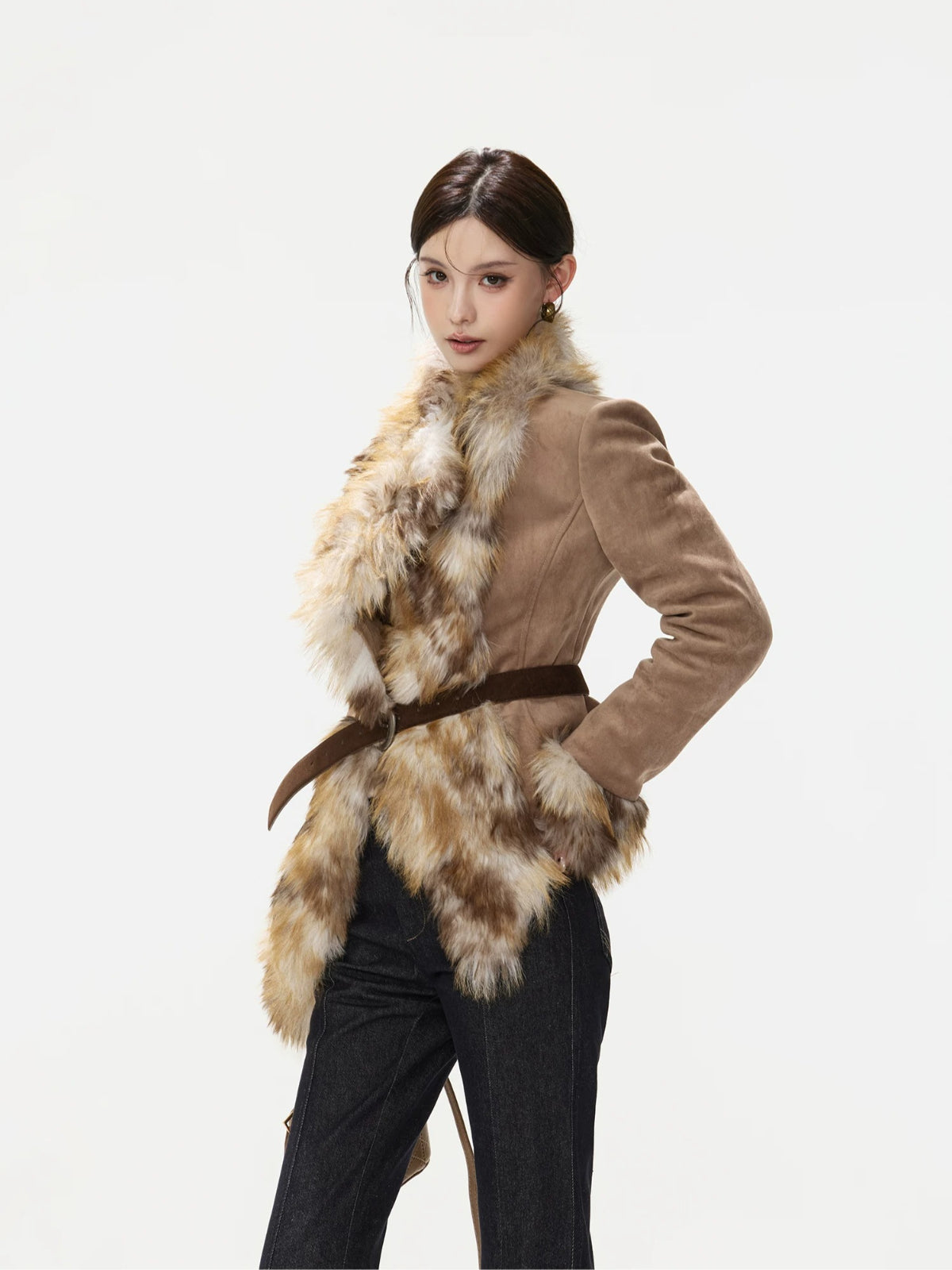 Gradient Fur Collar Suede Cropped Coat