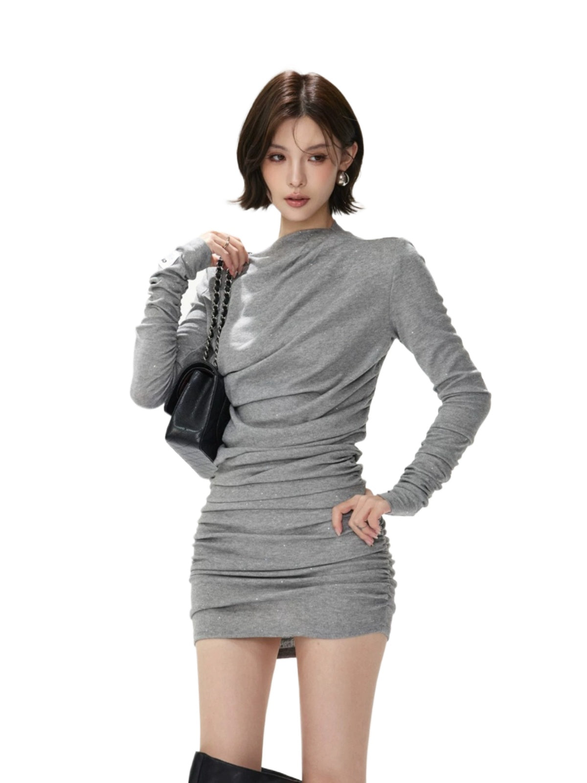 Gray Ruched Bodycon Mini Dress