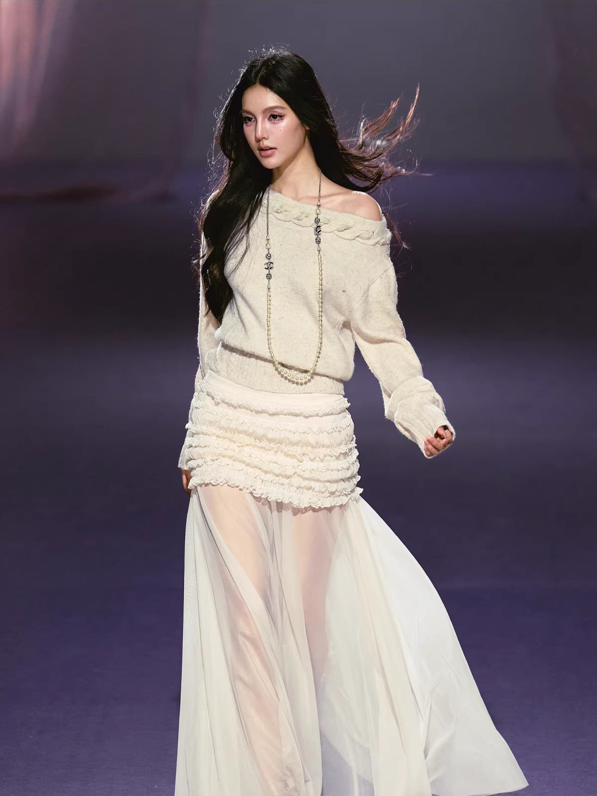 Apricot & Purple Cable Knit Off Shoulder Sweater