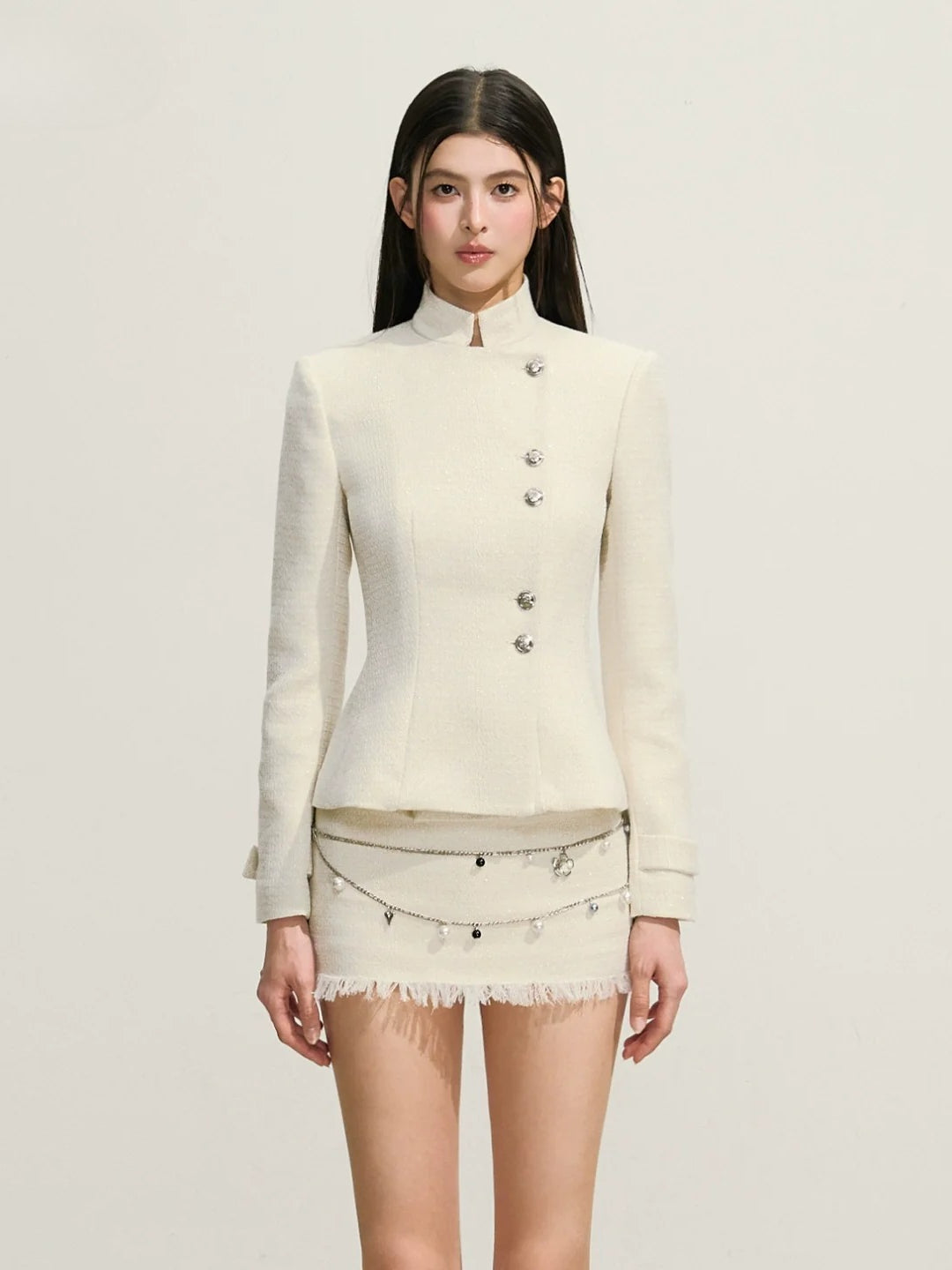 Shimmery Tweed Waist Jacket & Fringe Hem Skirt Set