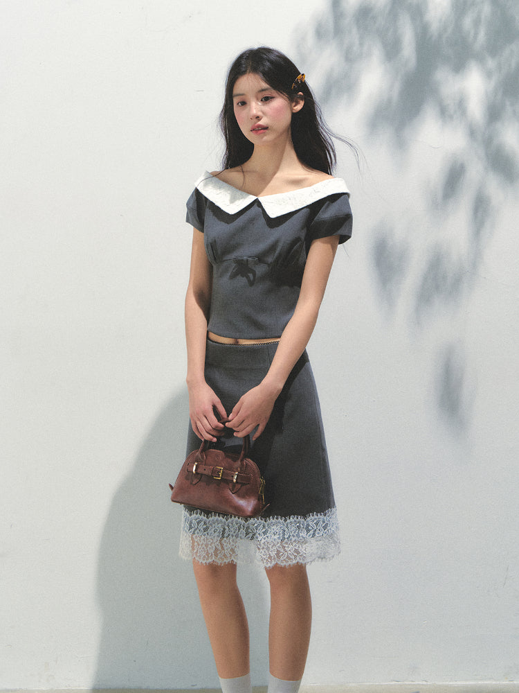 Dark Gray Princess Sleeve Top & skirt set