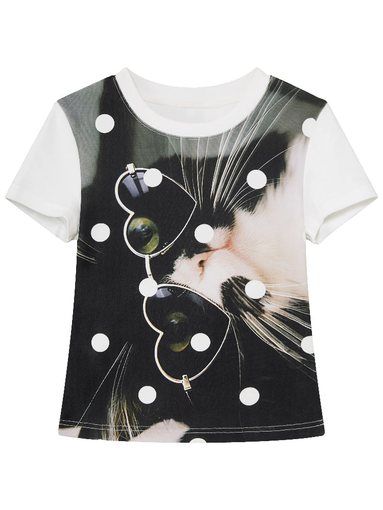 Playful Cat Print Short Sleeve Tee