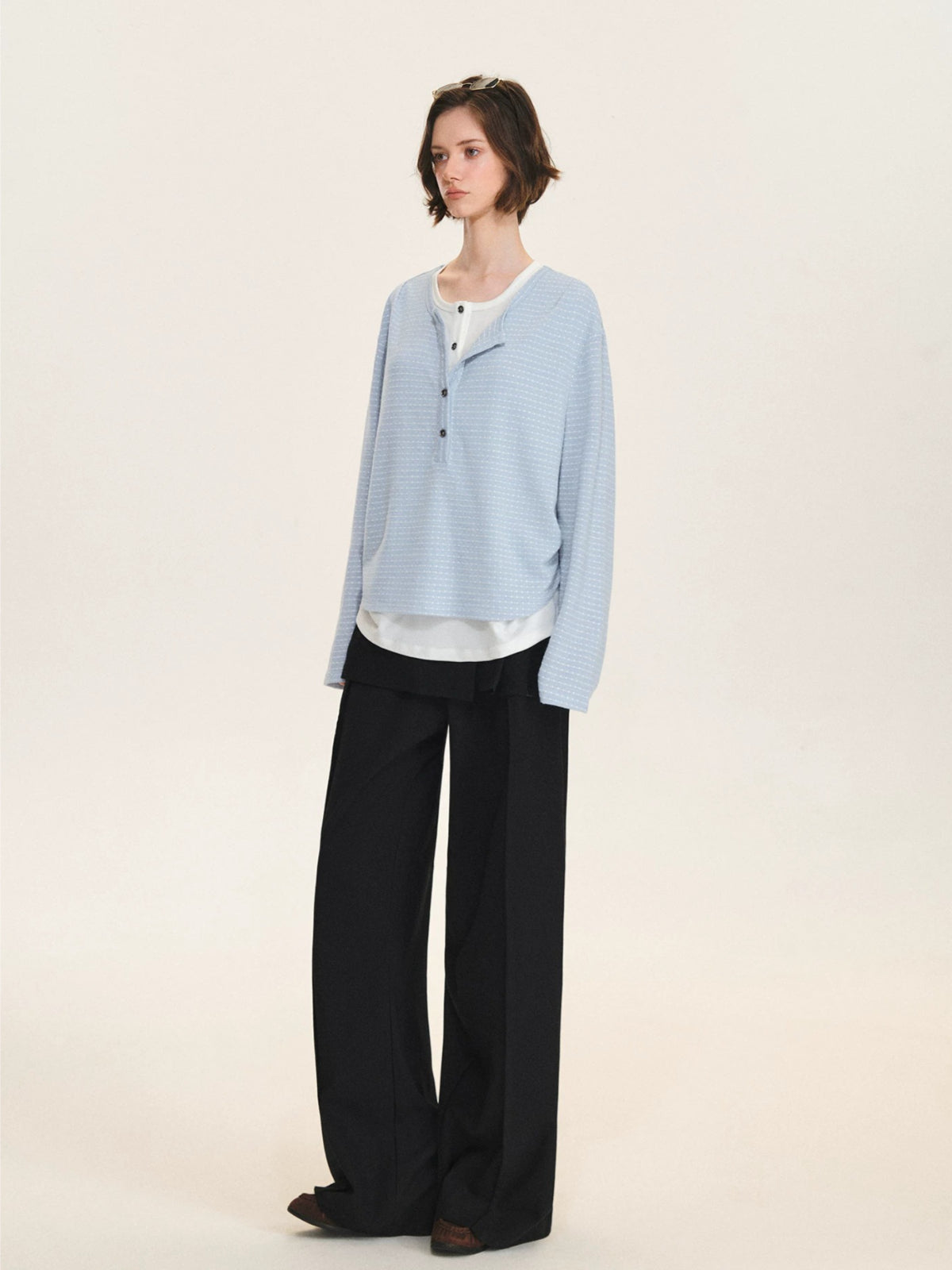 Layered Striped Henley Ruched Top