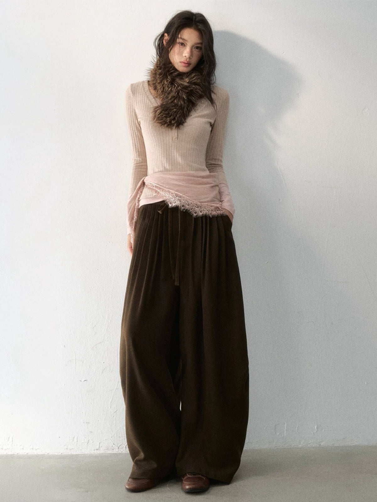 Layered V-Neck Ribbed Knit Top