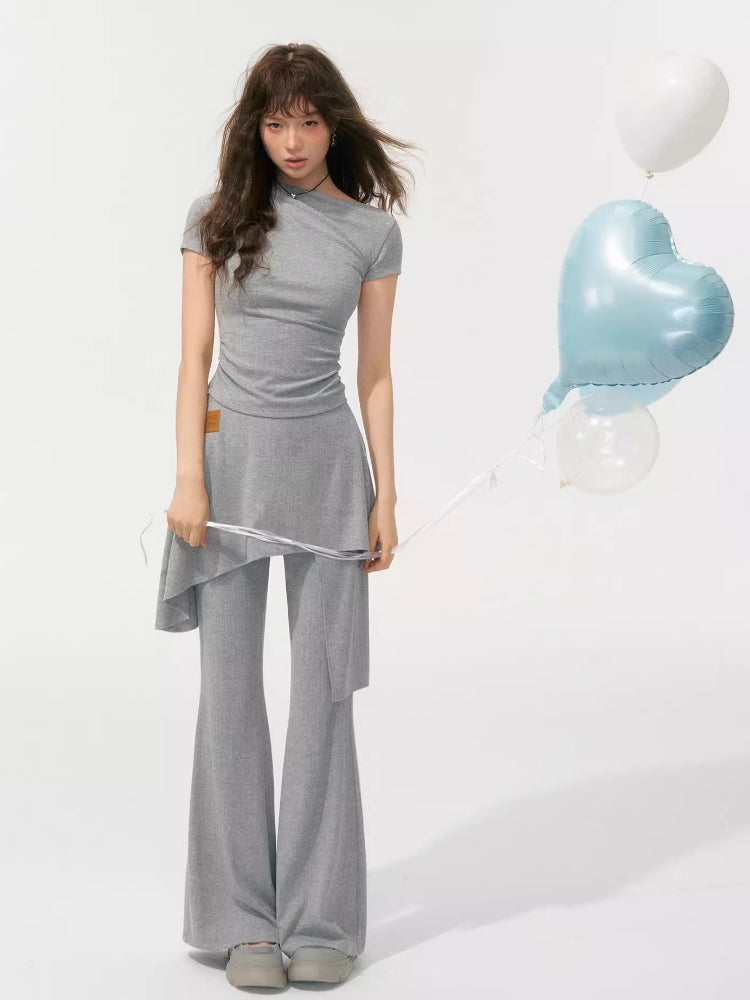 One Shoulder Irregular Slanted Pleat T-shirt & Pants Set