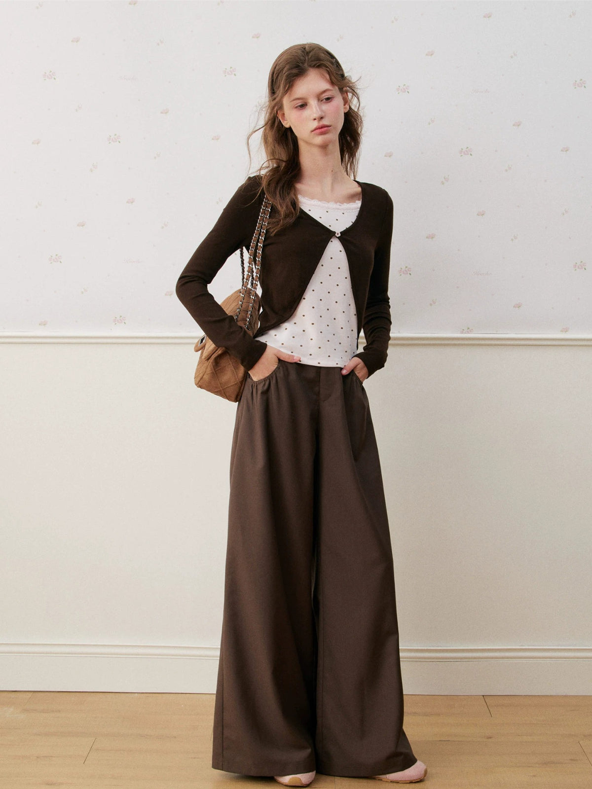 Rose Canele Contrast Polka Dot Knit Top